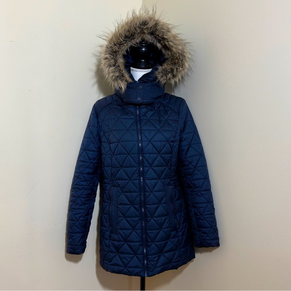 Marc New York Womens Chevron Quilted Down Jacket/Removable Faux Fur Hood L Navy - Picture 2 of 13